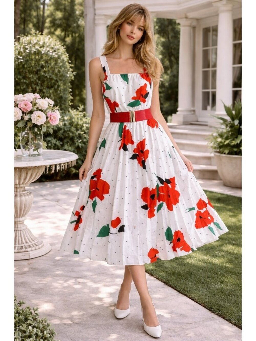 Vintage Haggar’s Women’s Wear Floral Polka Dot Pleated Midi Dress White Red Gree